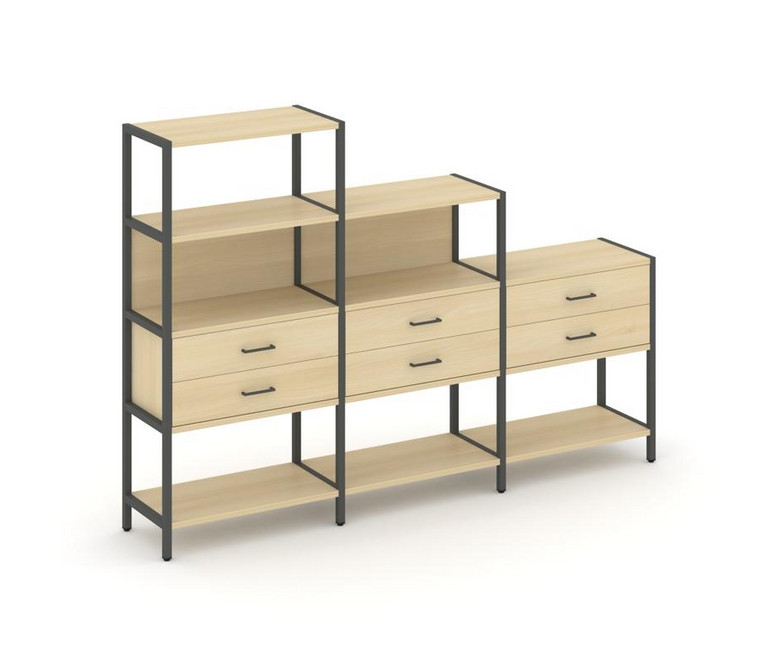 Shelf System Трехсекционный стеллаж четырех/трех/двухярусный с ящиками SN.STM-431 Акация Лорка/Метал
