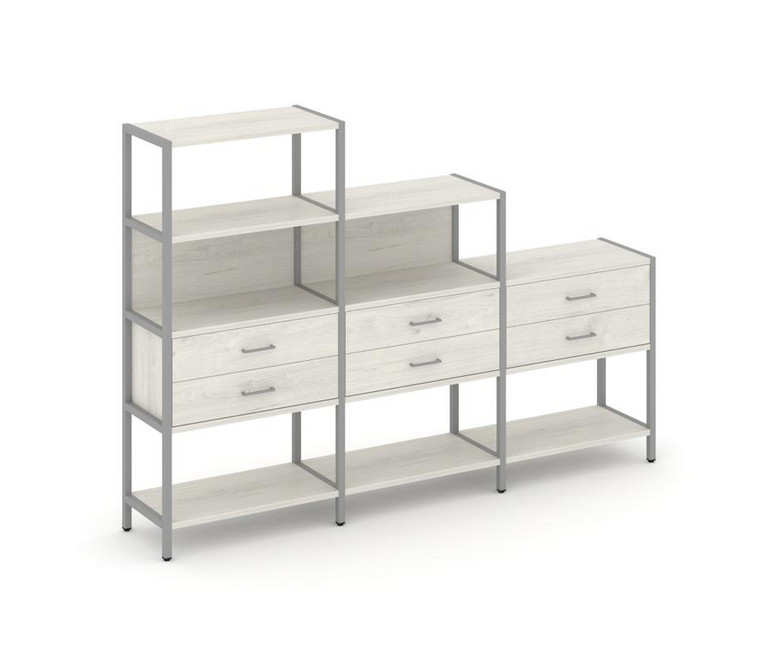 Shelf System Трехсекционный стеллаж четырех/трех/двухярусный с ящиками SN.STM-431 Дуб Наварра/Металл