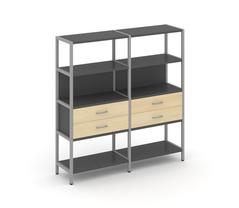 Shelf System Двухсекционный стеллаж четырехярусный с ящиками SN.STM-422 Антрацит/Акация Лорка/Металл