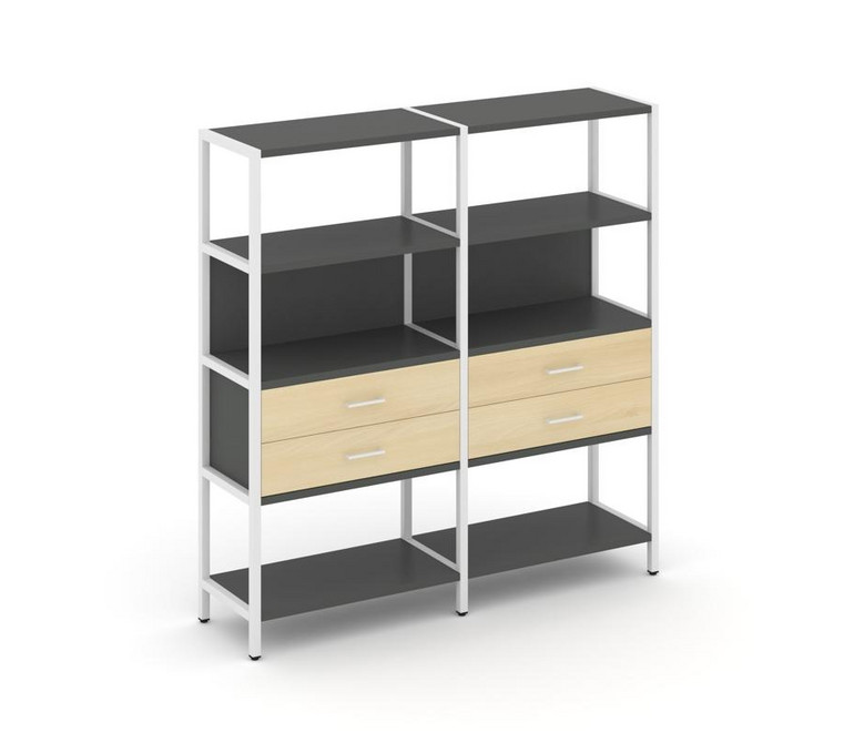 Shelf System Двухсекционный стеллаж четырехярусный с ящиками SN.STM-422 Антрацит/Акация Лорка/Металл