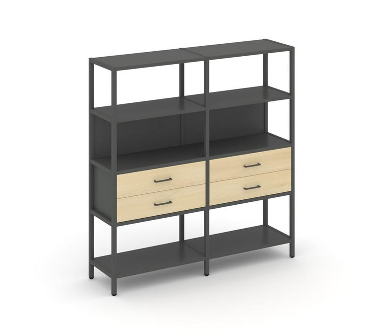 Shelf System Двухсекционный стеллаж четырехярусный с ящиками SN.STM-422 Антрацит/Акация Лорка/Металл