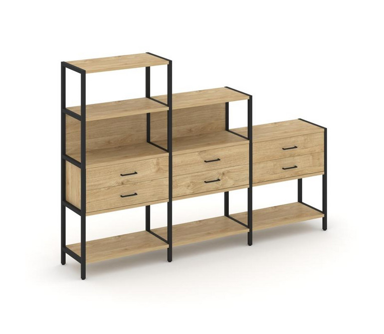 Shelf System Трехсекционный стеллаж четырех/трех/двухярусный с ящиками SN.STM-431 Тиквуд Светлый/Мет