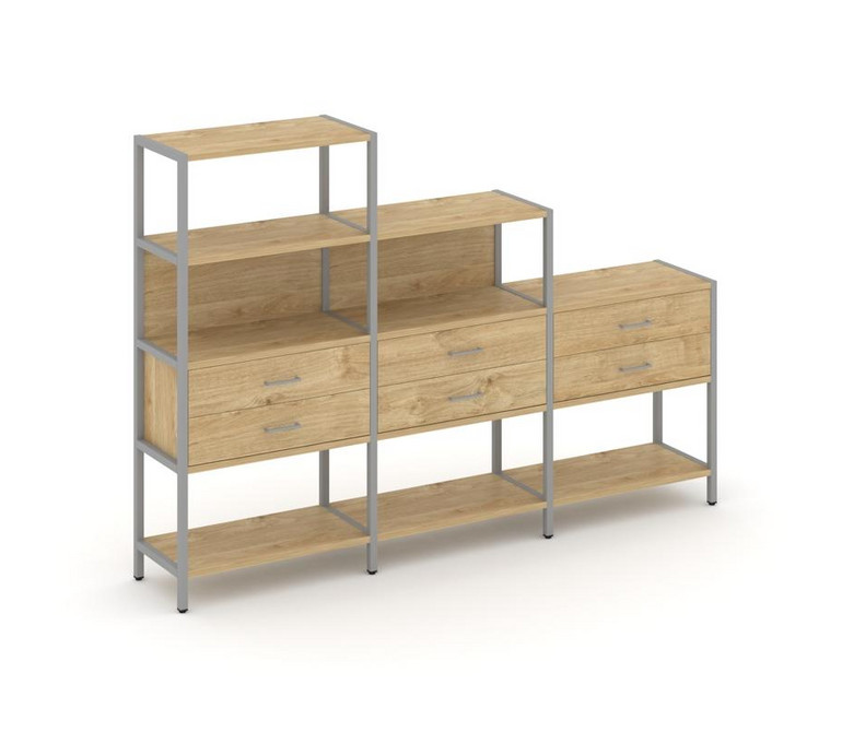 Shelf System Трехсекционный стеллаж четырех/трех/двухярусный с ящиками SN.STM-431 Тиквуд Светлый/Мет