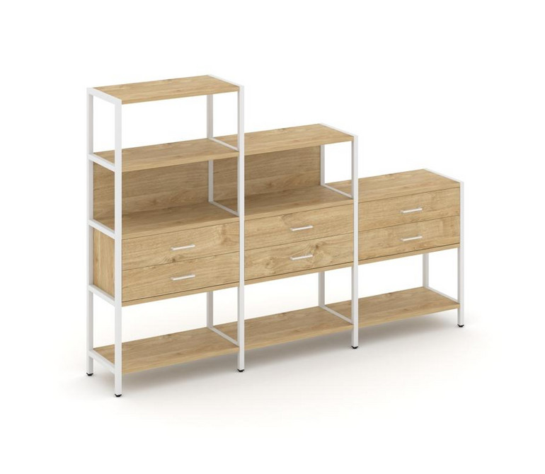 Shelf System Трехсекционный стеллаж четырех/трех/двухярусный с ящиками SN.STM-431 Тиквуд Светлый/Мет