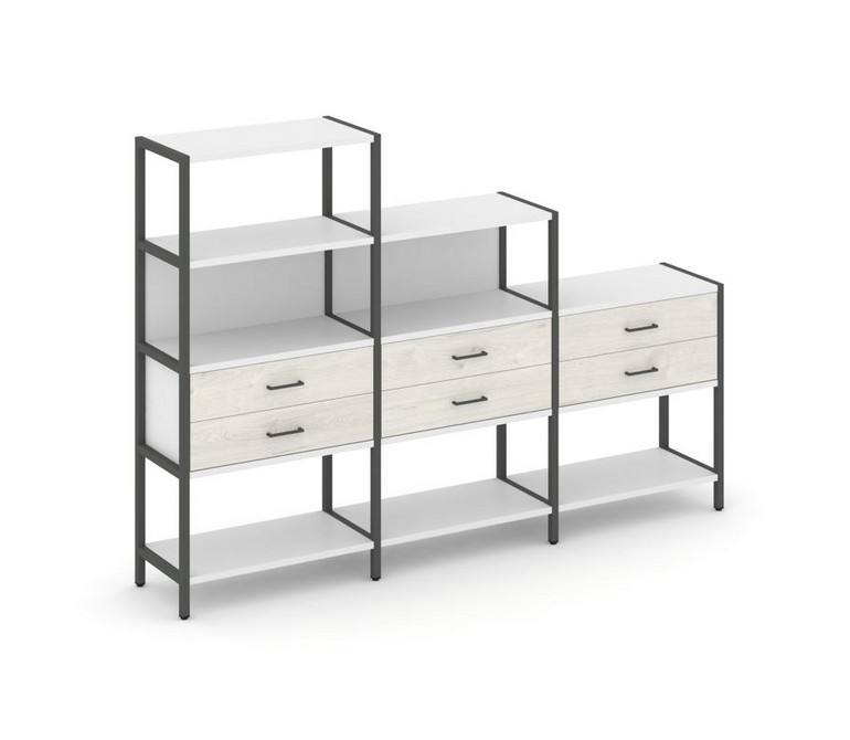 Shelf System Трехсекционный стеллаж четырех/трех/двухярусный с ящиками SN.STM-431 Белый/Дуб Наварра/