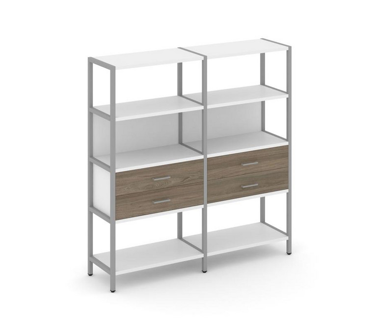 Shelf System Двухсекционный стеллаж четырехярусный с ящиками SN.STM-422 Белый/Вяз Благородный/Металл