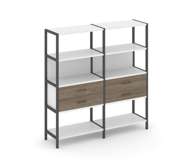 Shelf System Двухсекционный стеллаж четырехярусный с ящиками SN.STM-422 Белый/Вяз Благородный/Металл