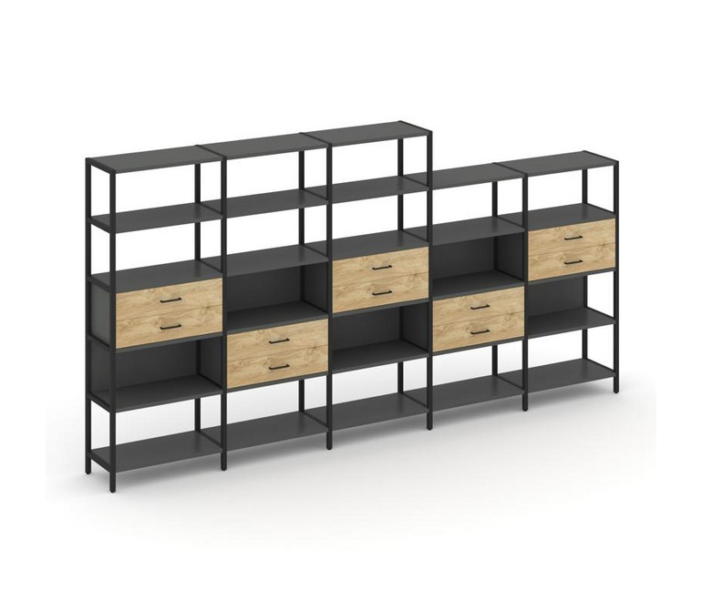 Shelf System Пятисекционный стеллаж пятиярусный с ящиками SN.STM-551 Антрацит/Тиквуд Светлый/Металл