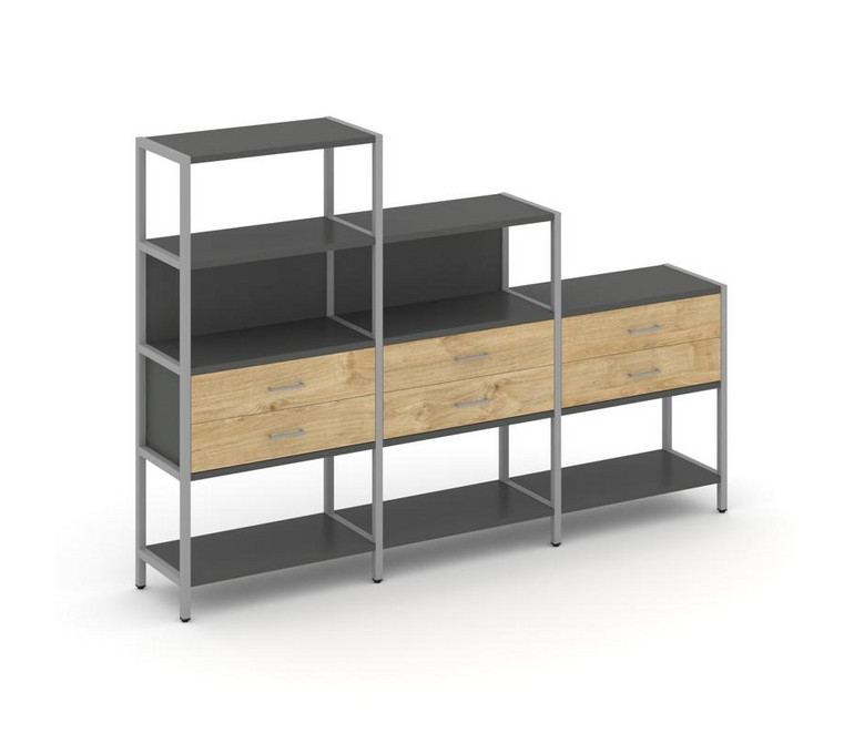 Shelf System Трехсекционный стеллаж четырех/трех/двухярусный с ящиками SN.STM-431 Антрацит/Тиквуд Св