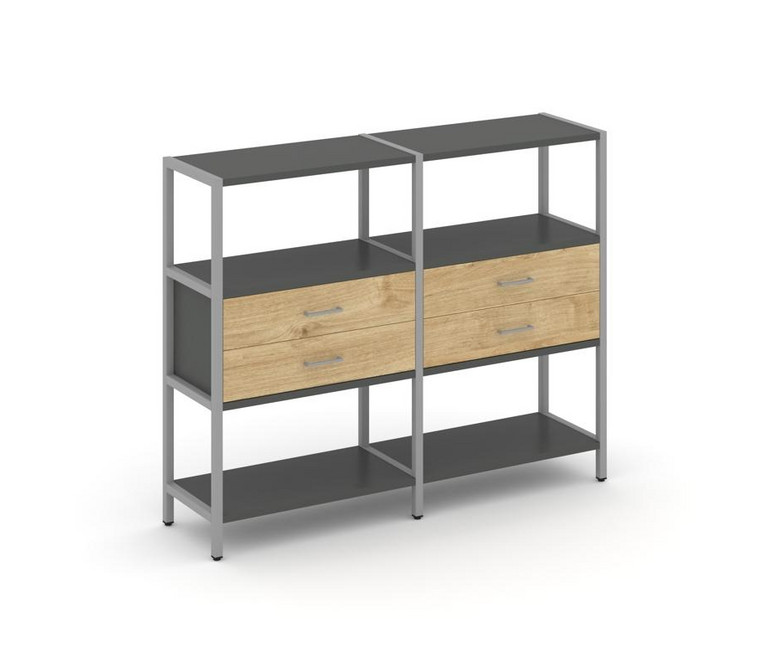 Shelf System Двухсекционный стеллаж трехярусный с ящиками SN.STM-322 Антрацит/Тиквуд Светлый/Металл