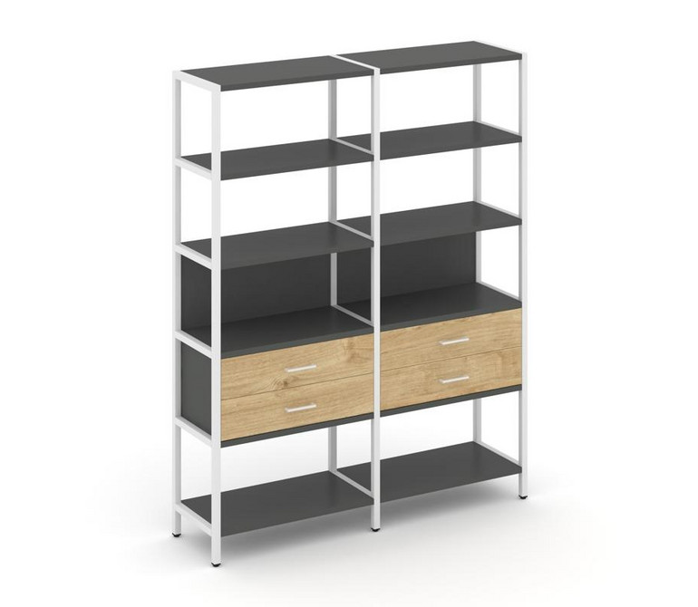 Shelf System Двухсекционный стеллаж пятиярусный с ящиками SN.STM-522 Антрацит/Тиквуд Светлый/Металл