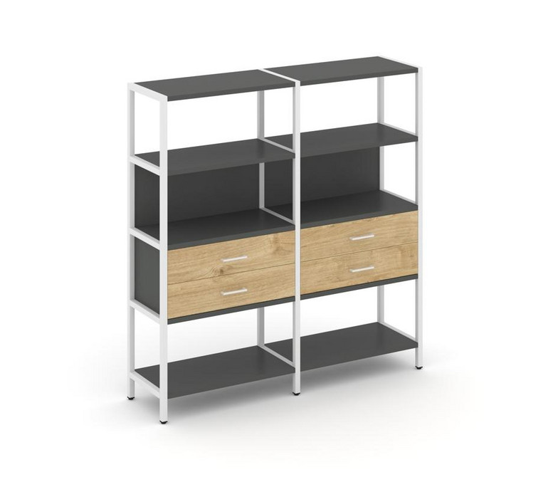 Shelf System Двухсекционный стеллаж четырехярусный с ящиками SN.STM-422 Антрацит/Тиквуд Светлый/Мета
