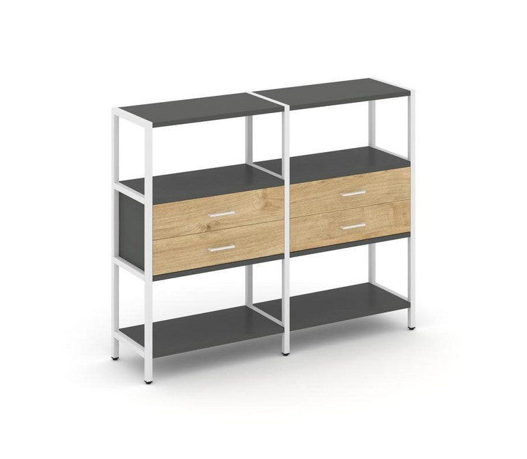 Shelf System Двухсекционный стеллаж трехярусный с ящиками SN.STM-322 Антрацит/Тиквуд Светлый/Металл