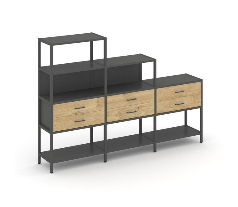 Shelf System Трехсекционный стеллаж четырех/трех/двухярусный с ящиками SN.STM-431 Антрацит/Тиквуд Св