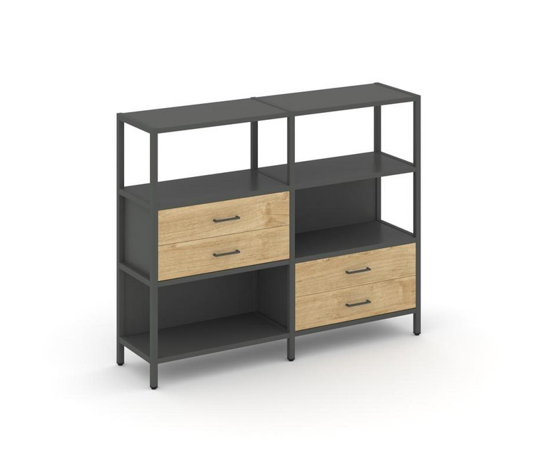 Shelf System Двухсекционный стеллаж трехярусный с ящиками SN.STM-323 Антрацит/Тиквуд Светлый/Металл