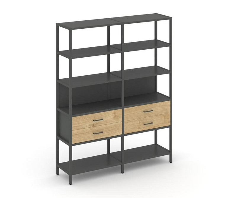 Shelf System Двухсекционный стеллаж пятиярусный с ящиками SN.STM-522 Антрацит/Тиквуд Светлый/Металл