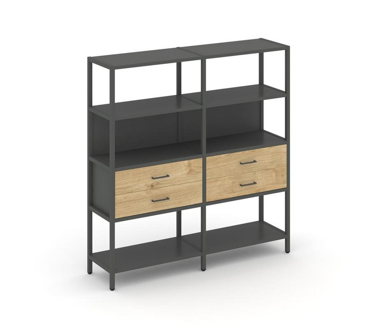 Shelf System Двухсекционный стеллаж четырехярусный с ящиками SN.STM-422 Антрацит/Тиквуд Светлый/Мета