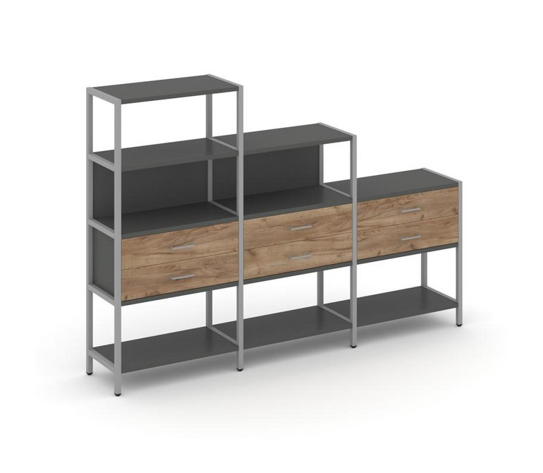 Shelf System Трехсекционный стеллаж четырех/трех/двухярусный с ящиками SN.STM-431 Антрацит/Дуб Табак