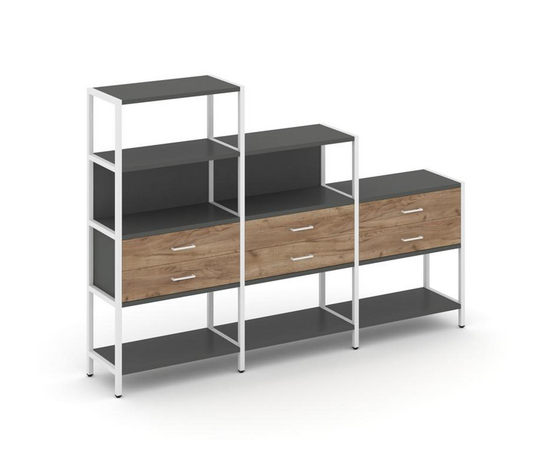 Shelf System Трехсекционный стеллаж четырех/трех/двухярусный с ящиками SN.STM-431 Антрацит/Дуб Табак