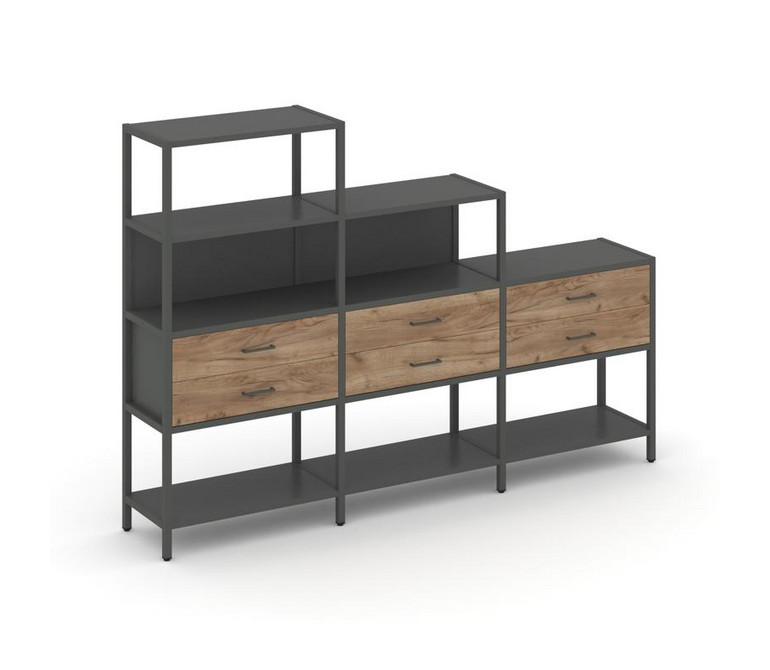 Shelf System Трехсекционный стеллаж четырех/трех/двухярусный с ящиками SN.STM-431 Антрацит/Дуб Табак