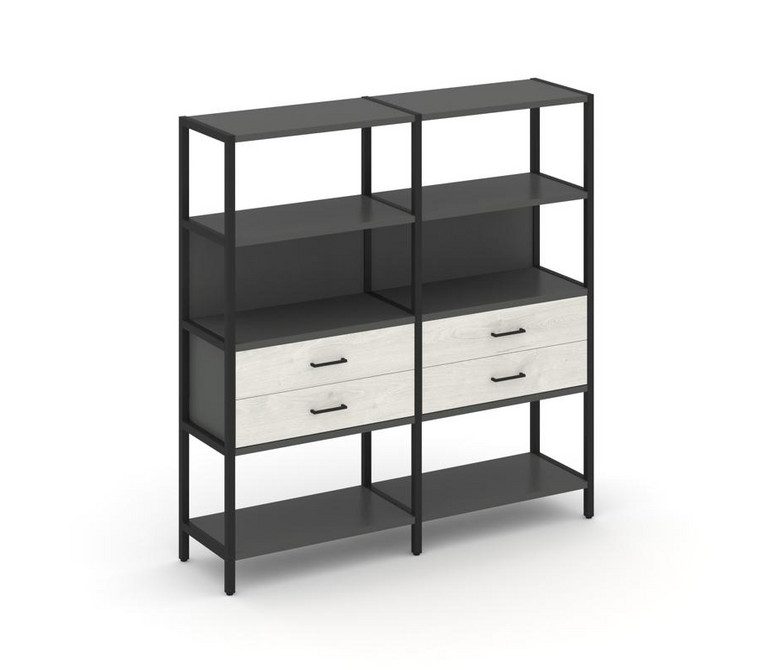 Shelf System Двухсекционный стеллаж четырехярусный с ящиками SN.STM-422 Антрацит/Дуб Наварра/Металл