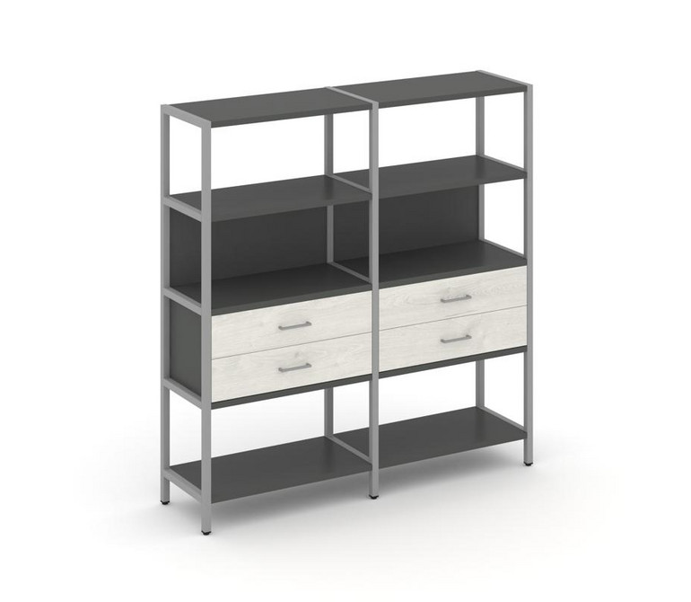 Shelf System Двухсекционный стеллаж четырехярусный с ящиками SN.STM-422 Антрацит/Дуб Наварра/Металл