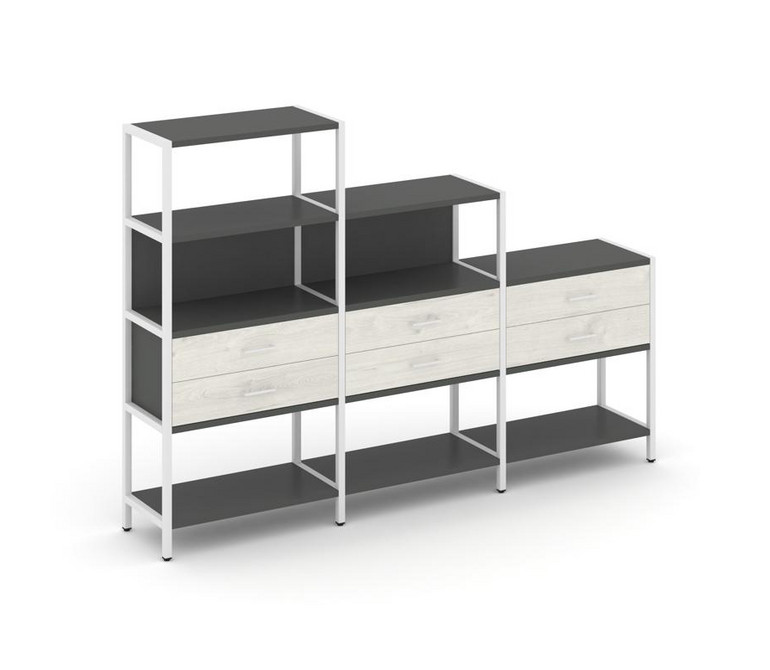 Shelf System Трехсекционный стеллаж четырех/трех/двухярусный с ящиками SN.STM-431 Антрацит/Дуб Навар