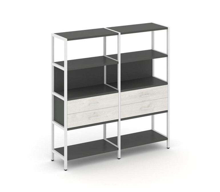 Shelf System Двухсекционный стеллаж четырехярусный с ящиками SN.STM-422 Антрацит/Дуб Наварра/Металл