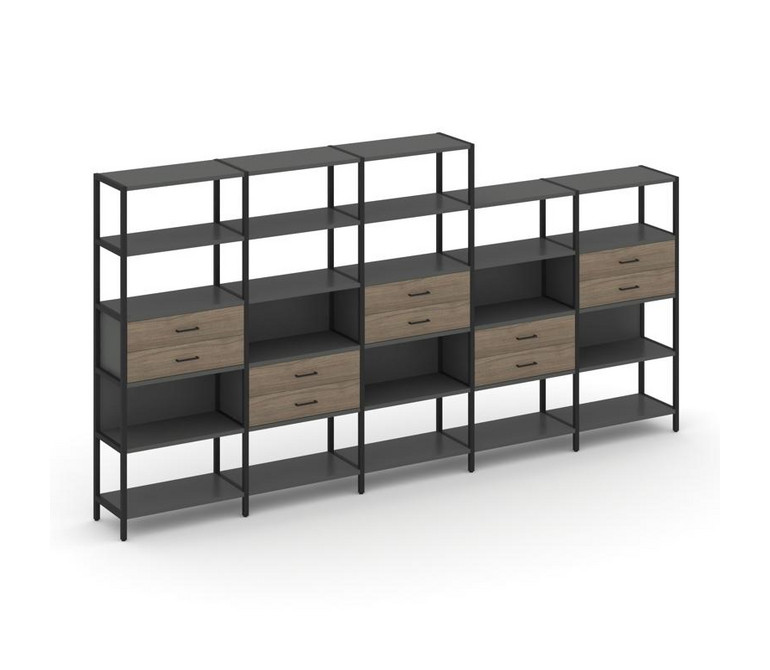 Shelf System Пятисекционный стеллаж пятиярусный с ящиками SN.STM-551 Антрацит/Вяз Благородный/Металл