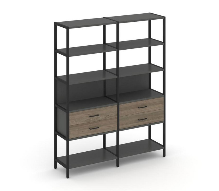 Shelf System Двухсекционный стеллаж пятиярусный с ящиками SN.STM-522 Антрацит/Вяз Благородный/Металл