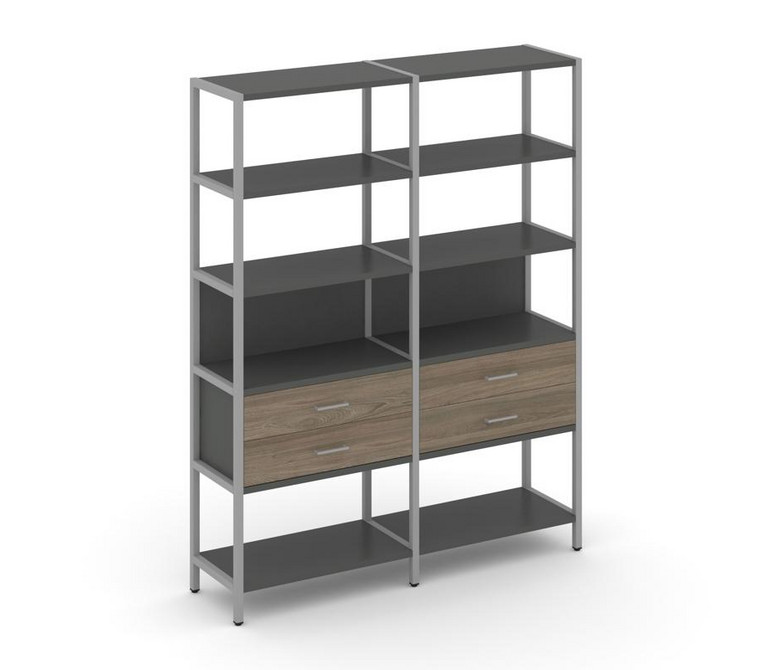 Shelf System Двухсекционный стеллаж пятиярусный с ящиками SN.STM-522 Антрацит/Вяз Благородный/Металл