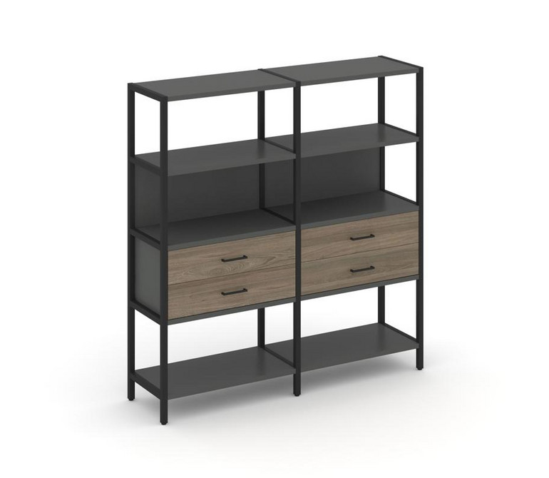 Shelf System Двухсекционный стеллаж четырехярусный с ящиками SN.STM-422 Антрацит/Вяз Благородный/Мет