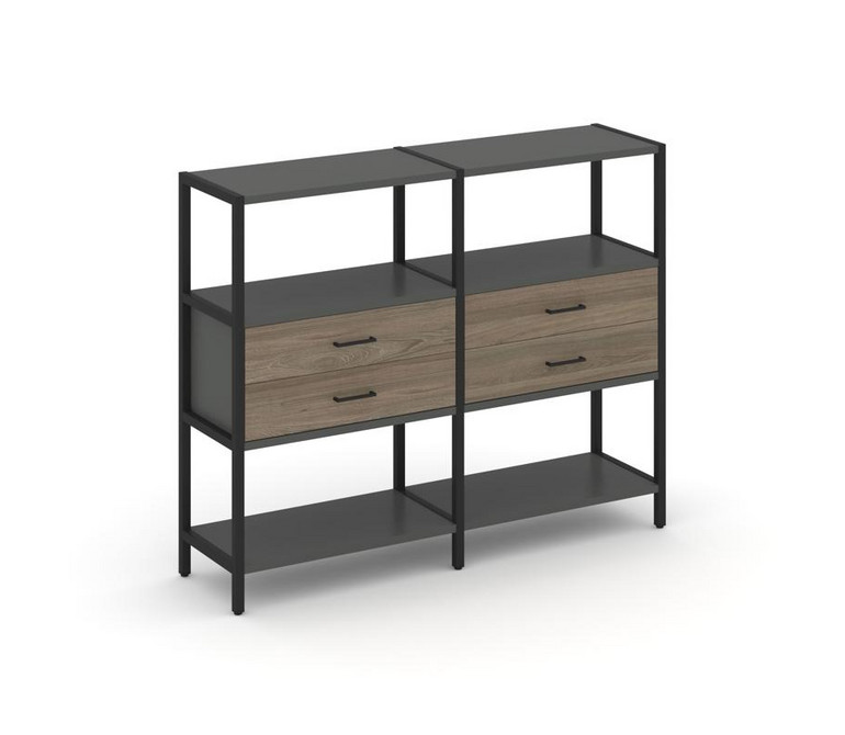 Shelf System Двухсекционный стеллаж трехярусный с ящиками SN.STM-322 Антрацит/Вяз Благородный/Металл