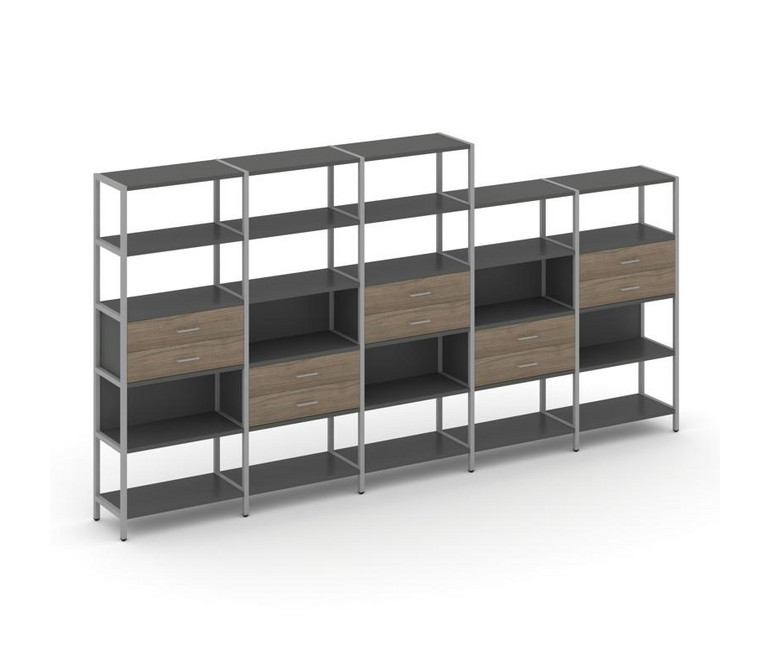 Shelf System Пятисекционный стеллаж пятиярусный с ящиками SN.STM-551 Антрацит/Вяз Благородный/Металл