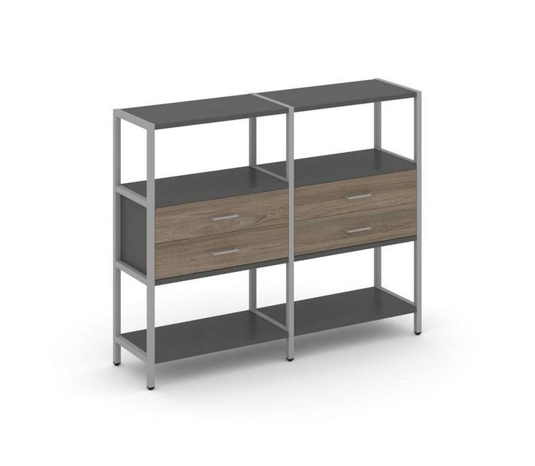 Shelf System Двухсекционный стеллаж трехярусный с ящиками SN.STM-322 Антрацит/Вяз Благородный/Металл