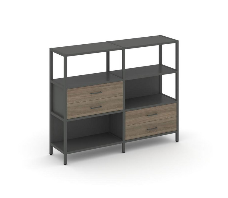 Shelf System Двухсекционный стеллаж трехярусный с ящиками SN.STM-323 Антрацит/Вяз Благородный/Металл