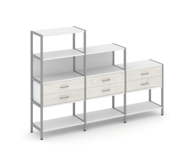 Shelf System Трехсекционный стеллаж четырех/трех/двухярусный с ящиками SN.STM-431 Белый/Дуб Наварра/