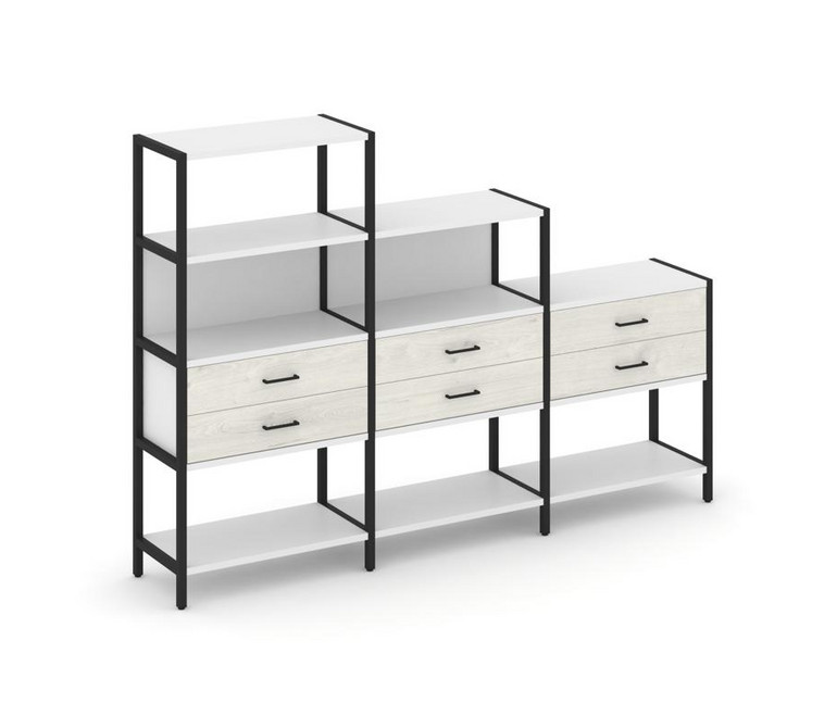 Shelf System Трехсекционный стеллаж четырех/трех/двухярусный с ящиками SN.STM-431 Белый/Дуб Наварра/