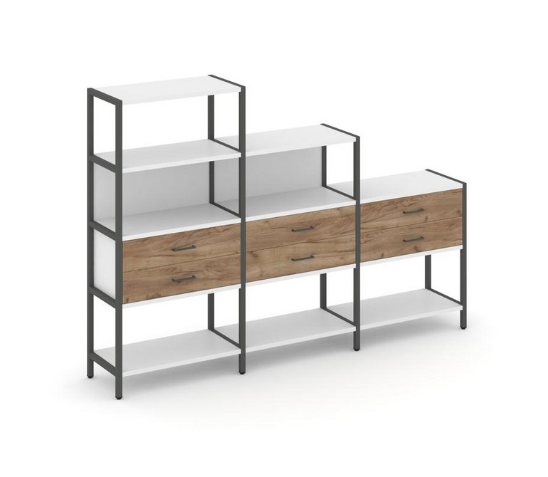 Shelf System Трехсекционный стеллаж четырех/трех/двухярусный с ящиками SN.STM-431 Белый/Дуб Табак/Ме