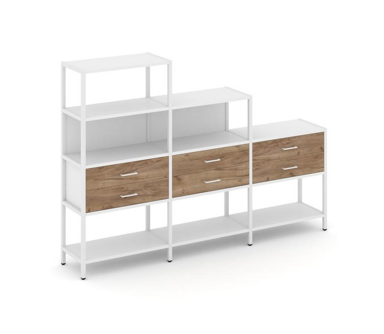Shelf System Трехсекционный стеллаж четырех/трех/двухярусный с ящиками SN.STM-431 Белый/Дуб Табак/Ме