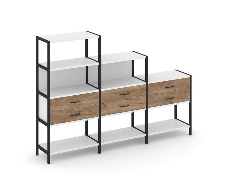 Shelf System Трехсекционный стеллаж четырех/трех/двухярусный с ящиками SN.STM-431 Белый/Дуб Табак/Ме