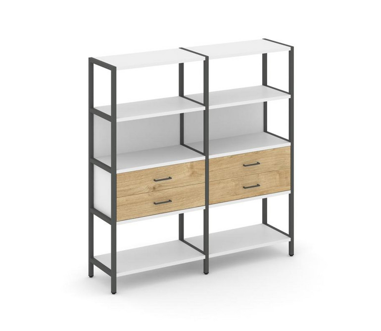 Shelf System Двухсекционный стеллаж четырехярусный с ящиками SN.STM-422 Белый/Тиквуд Светлый/Металл