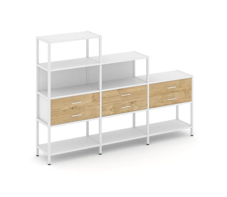 Shelf System Трехсекционный стеллаж четырех/трех/двухярусный с ящиками SN.STM-431 Белый/Тиквуд Светл