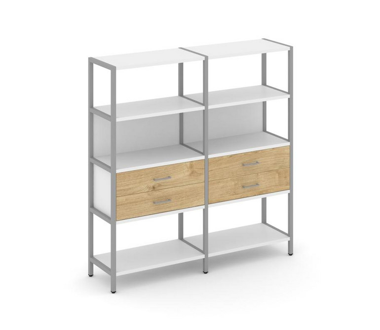 Shelf System Двухсекционный стеллаж четырехярусный с ящиками SN.STM-422 Белый/Тиквуд Светлый/Металл