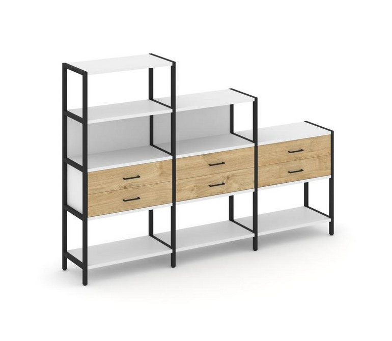 Shelf System Трехсекционный стеллаж четырех/трех/двухярусный с ящиками SN.STM-431 Белый/Тиквуд Светл