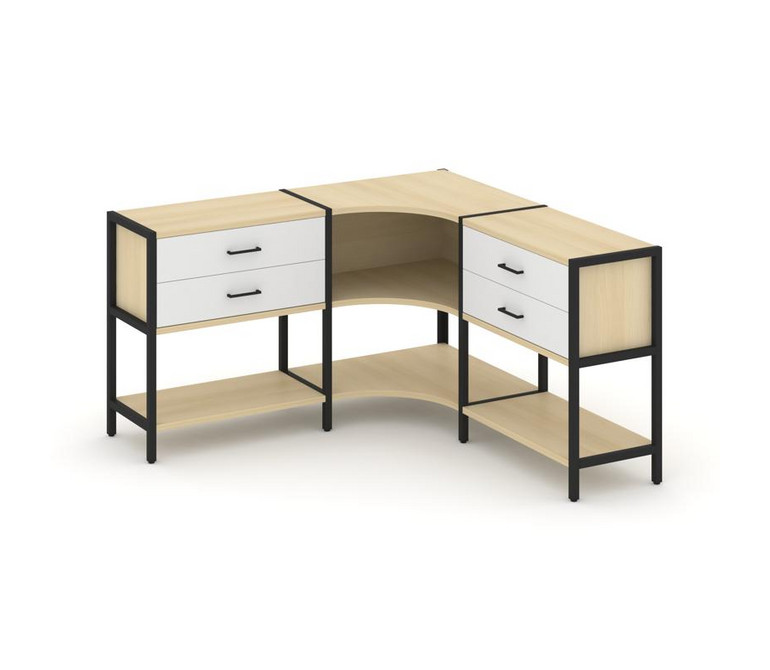 Shelf System Трехсекционный угловой стеллаж двухярусный с ящиками SN.STMU-231 Акация Лорка/Белый/Мет