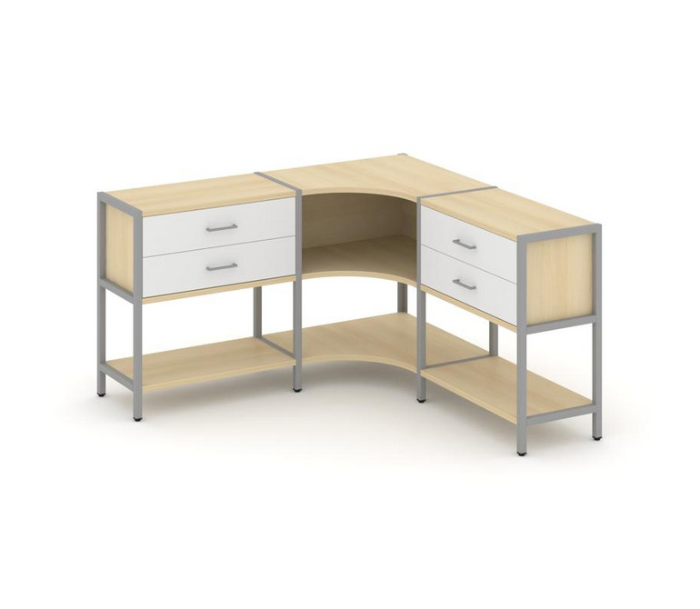 Shelf System Трехсекционный угловой стеллаж двухярусный с ящиками SN.STMU-231 Акация Лорка/Белый/Мет