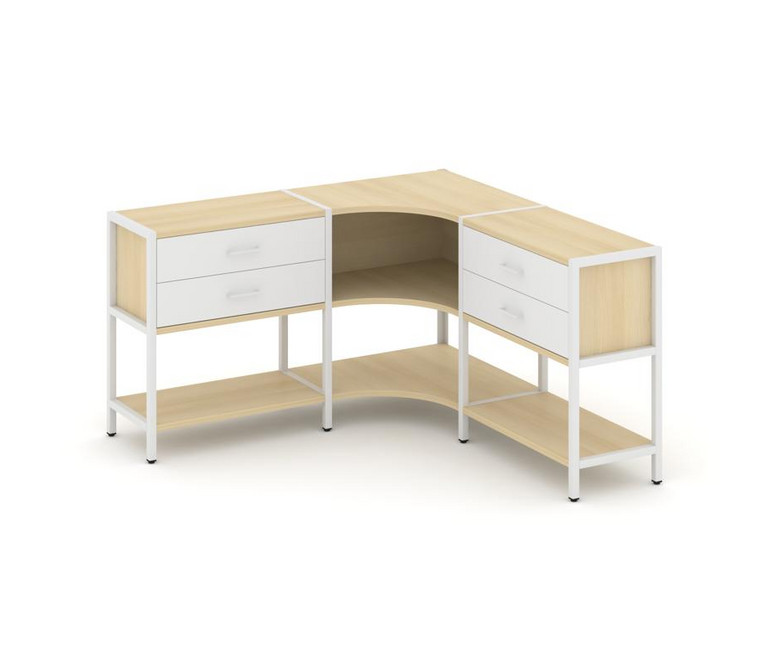Shelf System Трехсекционный угловой стеллаж двухярусный с ящиками SN.STMU-231 Акация Лорка/Белый/Мет