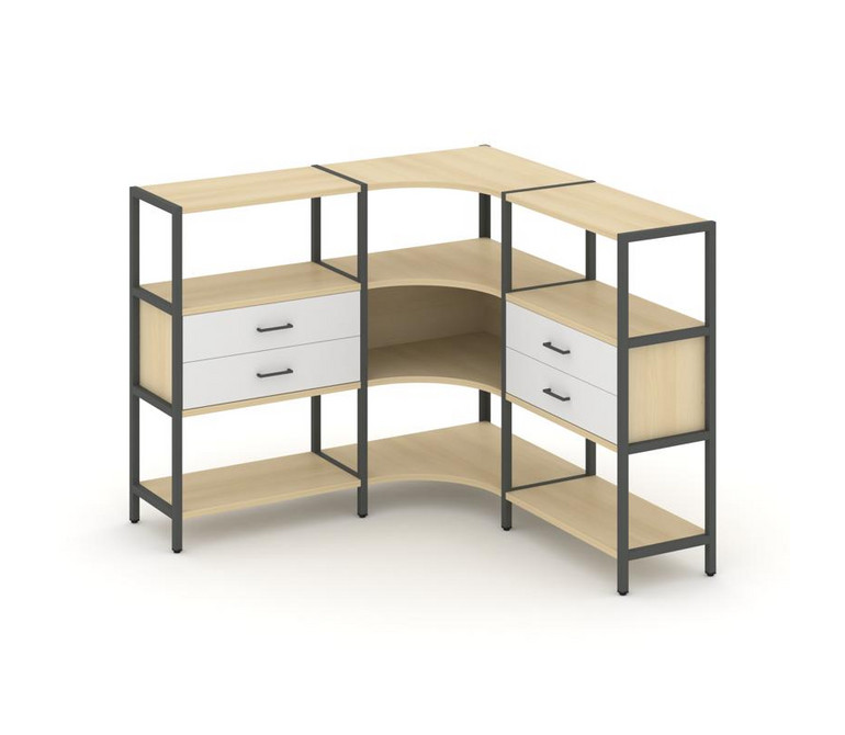 Shelf System Трехсекционный угловой стеллаж трехярусный с ящиками SN.STMU-331 Акация Лорка/Белый/Мет