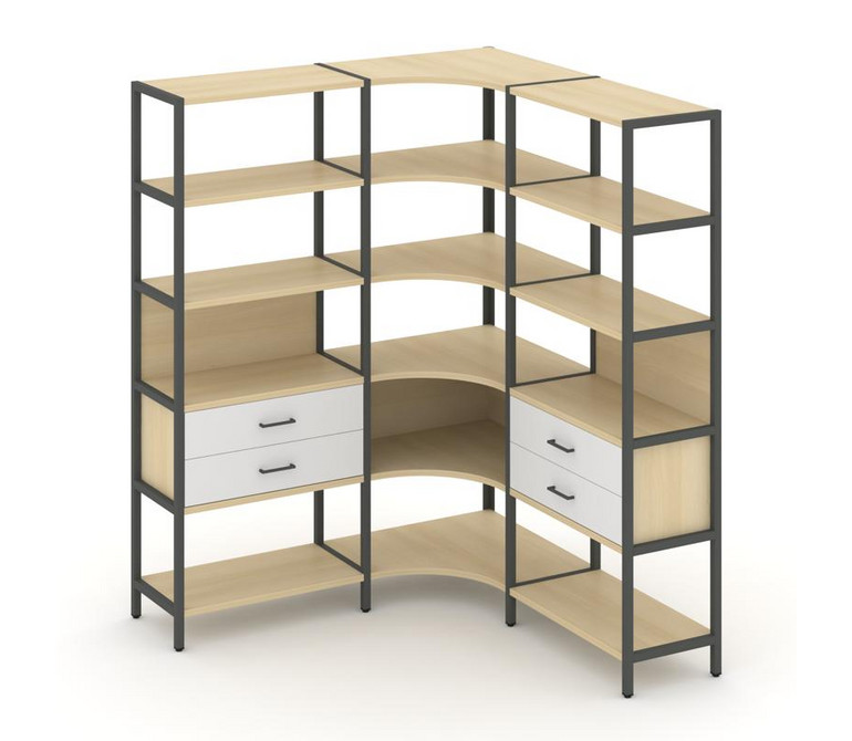 Shelf System Трехсекционный угловой стеллаж пятиярусный с ящиками SN.STMU-531 Акация Лорка/Белый/Мет